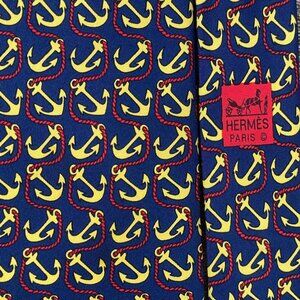 100% REAL HERMES TIE ~ NAVY BLUE w YELLOW & RED ROPE & SHIP BOAT SAIL ANCHORS